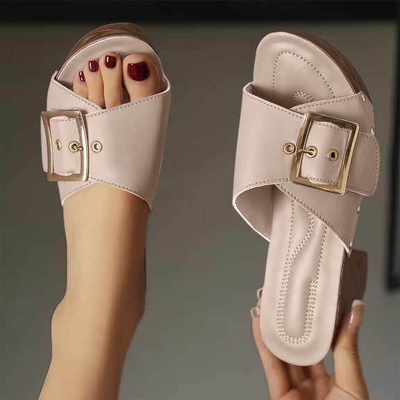 Summer Slippers for Women Arch Support Open Toe Chunky Heel Slip On Sandals with Buckle Summer Casual Women Beach Fashion Slippers Shoes