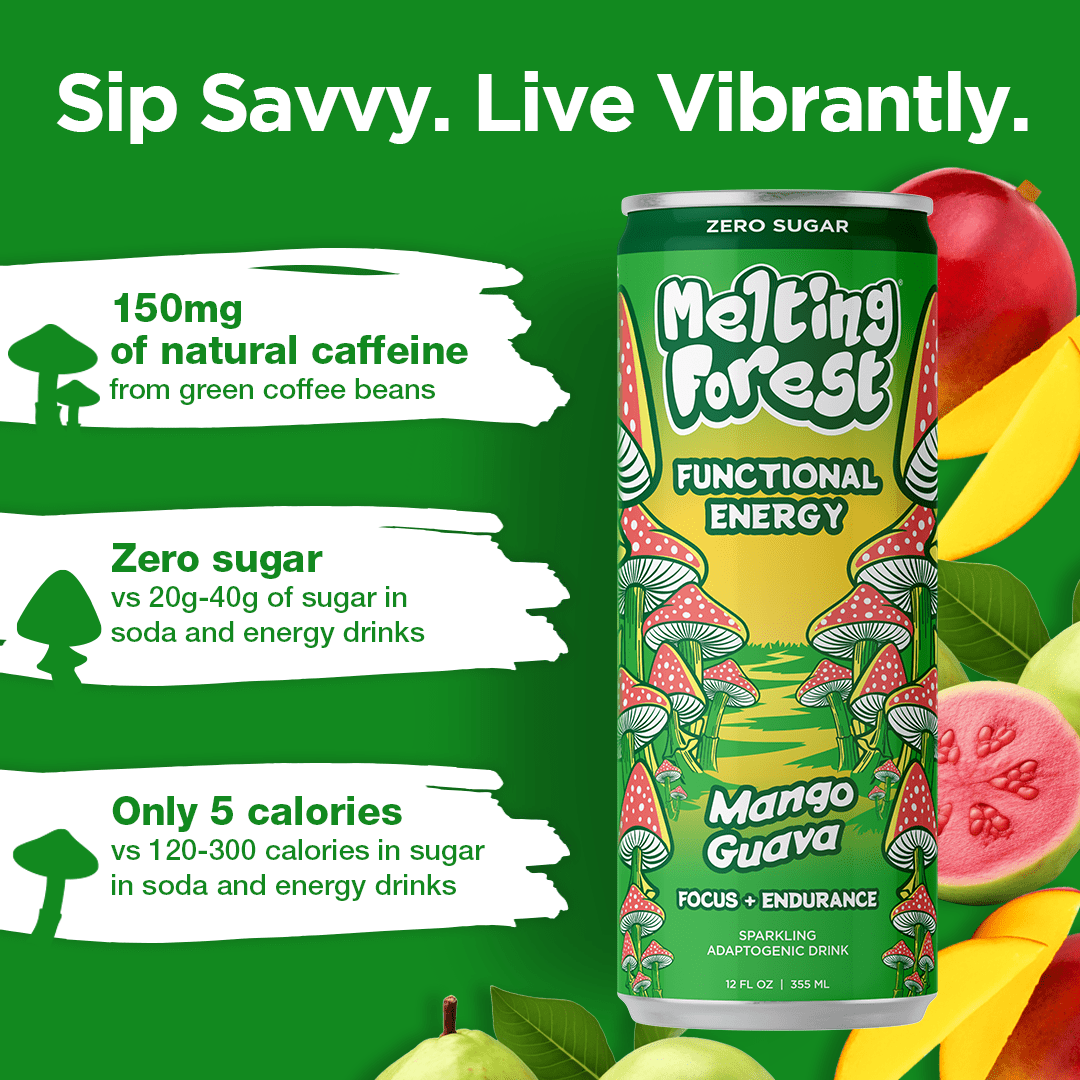 Melting Forest Mango Guava Mushroom Energy Drink, Lion's Mane & Cordyceps, Zero Sugar 12 Pk