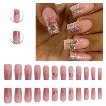 RAGUPEL 24Pcs Glue on Nails for Women,Heart Pattern Square Nails,Gold Glitter Full Cover Nail Tips,Press on Nails Summer for Daily Life,Dating and Gatherings,Style2