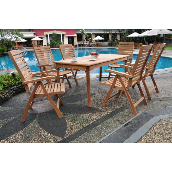 Teak Dining Set:6 Seater 7 Pc - 83" Rectangle Table And 6 Ashley Reclining Arm Chairs Outdoor Patio Grade-A Teak Wood WholesaleTeak #WMDSAS8