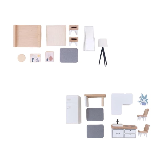 2 juegos de muebles de casa de muñecas de madera, modelo de accesorios de simulación, bricolaje, hechos a mano Dormitorio y Cocina