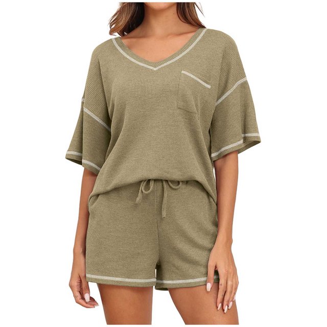 FAIWAD Ensemble de Pyjama Col en V pour Femmes Manches Courtes Crop Tops avec Shorts Ensemble de Détente 2 Pcs