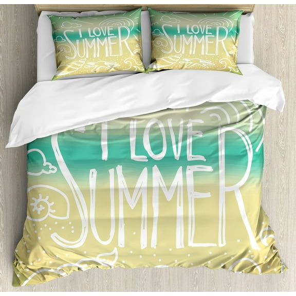 Vintage Duvet Cover Set, Words over Blured Seaside Beach Background Sunny Skies Print, Decorative 3 Piece Bedding Set with 2 Pillow Shams, Queen Size, Turquoise Beige, by Ambesonne