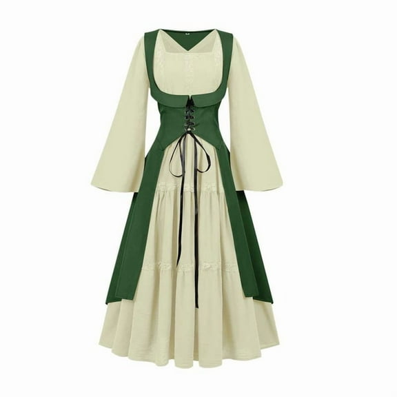 Renaissance Dress for Women Medieval Costume Long Sleeve Lace Up Vintage Peasant Gown Halloween Cosplay
