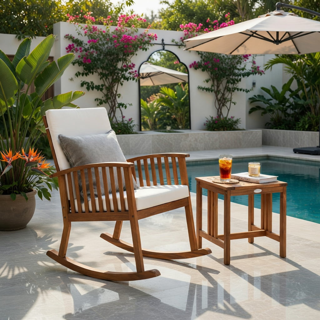 Hommoo 2-Piece Acacia Wood Rocking Chair & Side Table Set with Removable Cushions, Teak Outdoor Patio Furniture for Deck, Backyard, Balcony, and Indoor Living Room, Natural