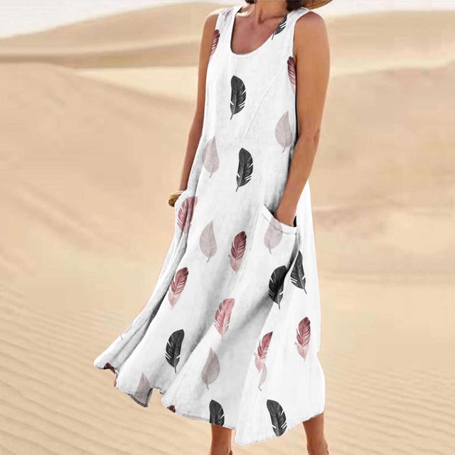 SMihono Robe Maxi Bohème d'Été pour Femmes Grande Taille Mode d'Été pour Femmes Décontractée à Imprimé Sans Manches à Col Rond avec Poches Robe de Plage Évasée Robe Soleil