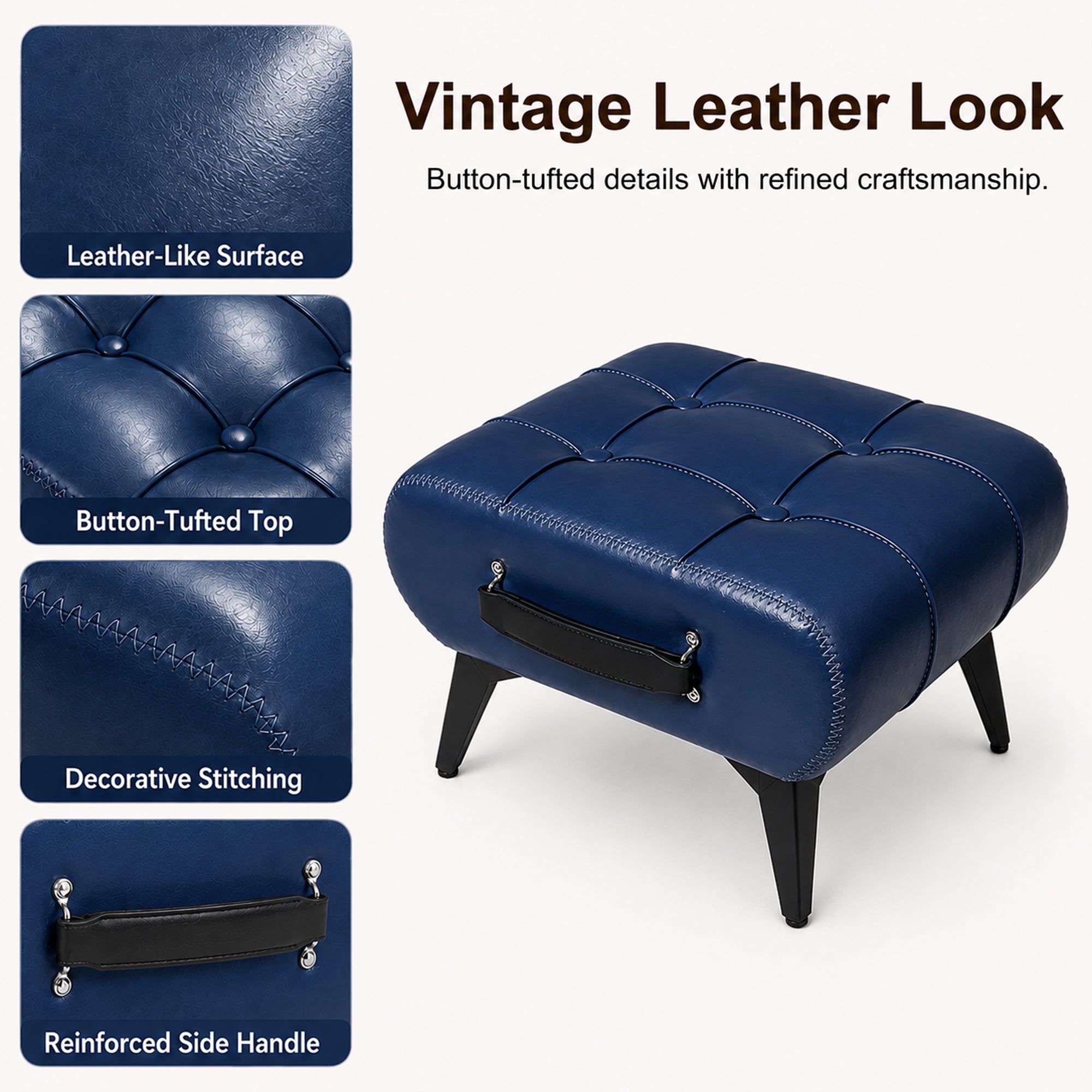 Leumius Modern Leather Stool with Hidden Storage,Portable Handles & Metal Legs,Square Footrest for Living Room,Blue