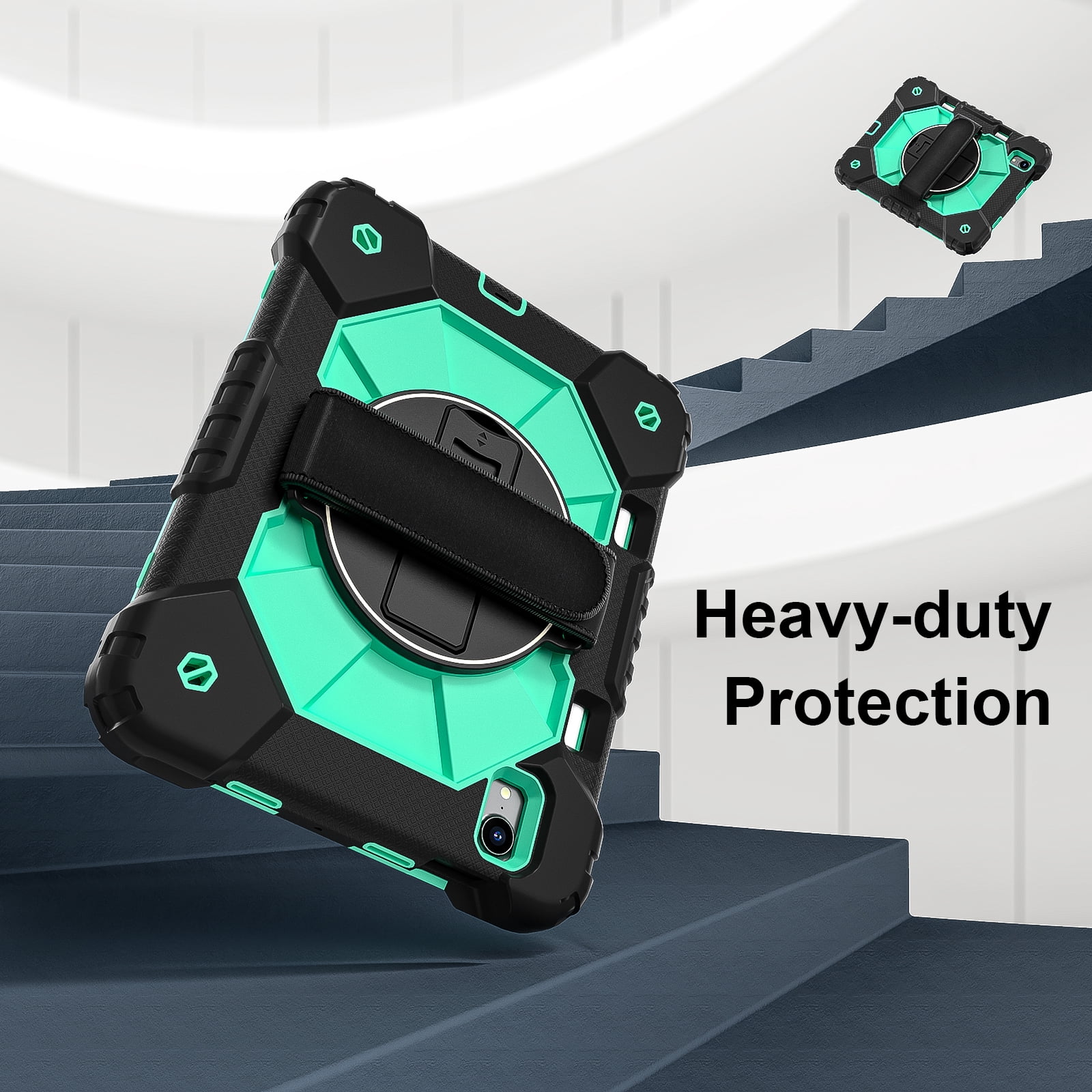 For iPad Mini 7th 6th Generation Case with Pencil Holder, Heavy Duty Shockproof Ruggd Rotating Kickstand Hand Strap Cover Case with Shoulder Strap Kids Friendly Case for Apple iPad Mini 6 7,Black+Mint