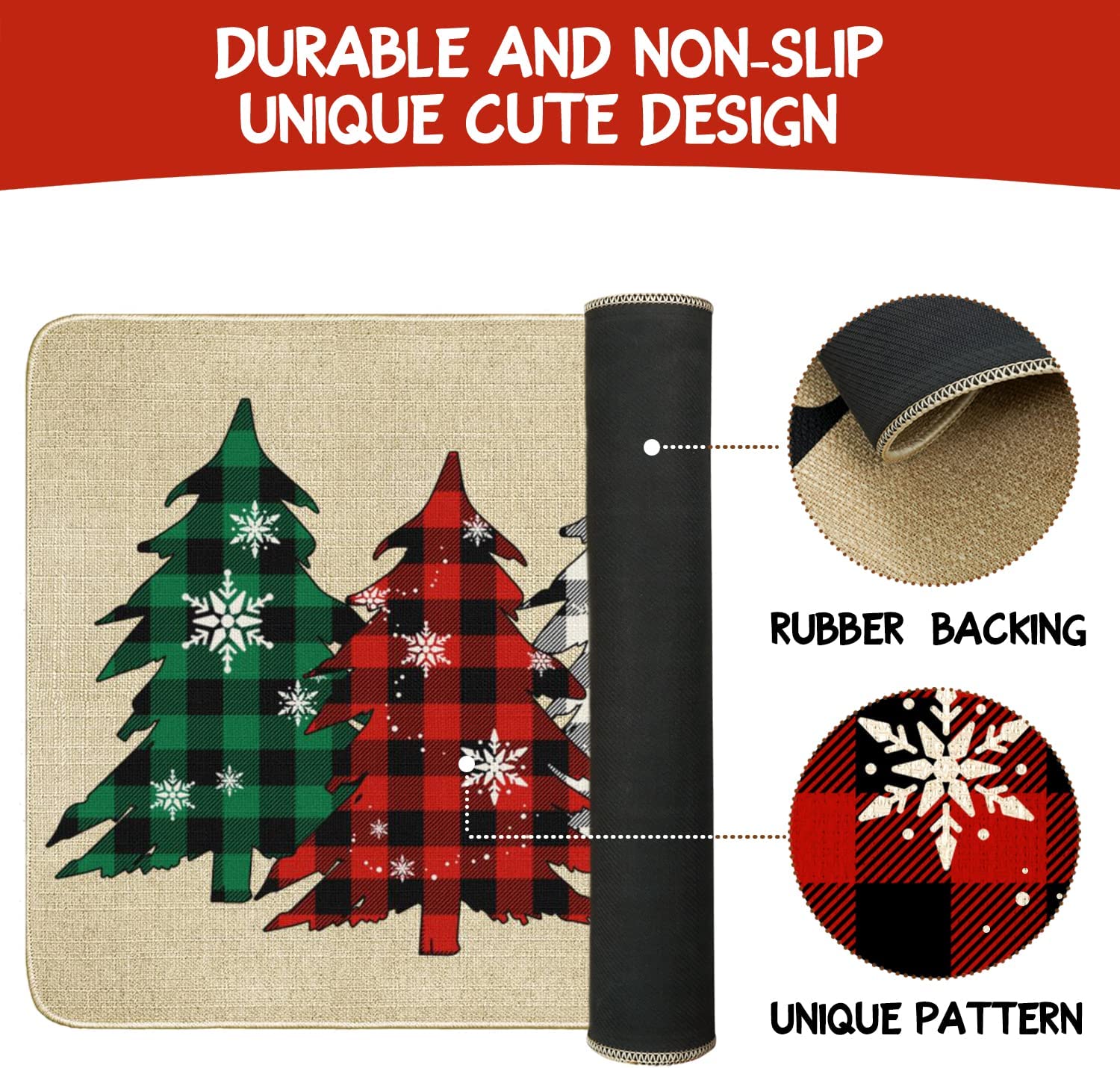 ANNAMALL Indoor Doormat, Christmas Trees Snow Winter Festival Red