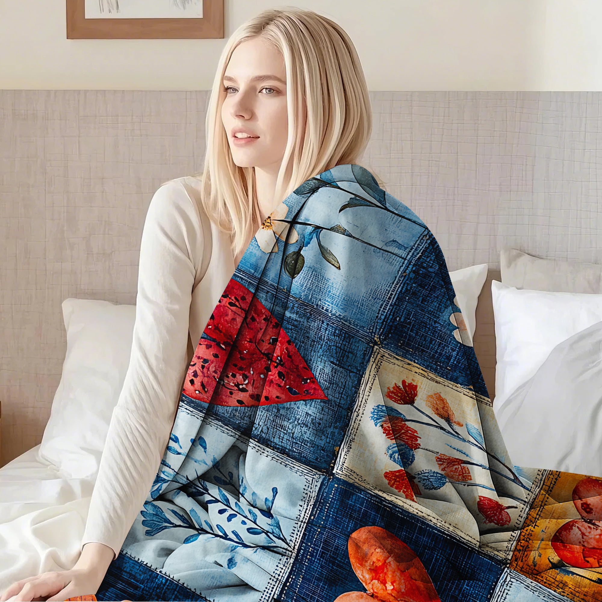 Sherpa Fleece Twin Blanket 60"x80" Reversible Plush Fluffy Blanket, Double-Layer Super Soft Flannel Blanket for Sofa, Couch, Bed, Patchwork Floral & Heart Pattern