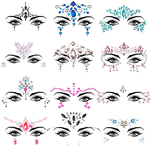 Tatuajes de diamantes de imitación con forma de sirena SIQUK de Face Jewels, 12 unidades