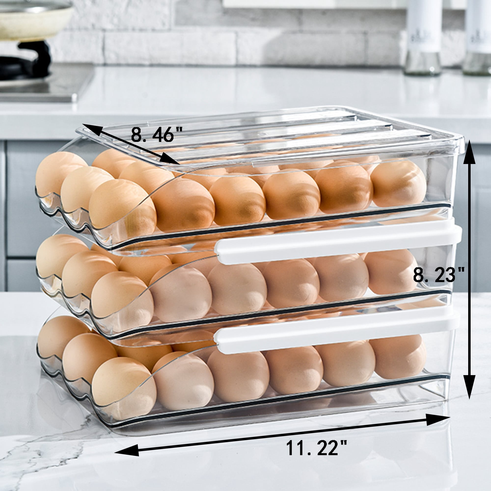 Amikdis Auto Rolling Egg Holder For Refrigerator Large Capacity Egg Container Organizer Tray Bins Stackable Fresh Storage Box For Fridge Plastic Clear(3 Layers)