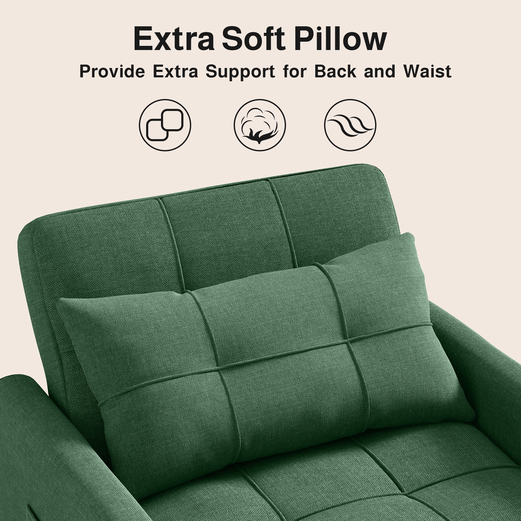 3-in-1 Convertible Sleeper Chair, Lightweight Foldable Sofa Bed for Small Spaces, Linen Upholstery, Green