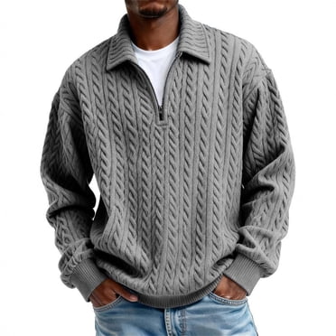 Mens Quarter Zip Sweater Long Sleeve Cable Knit Neck Polo Soft Casual Pullover Sweaters Gray L