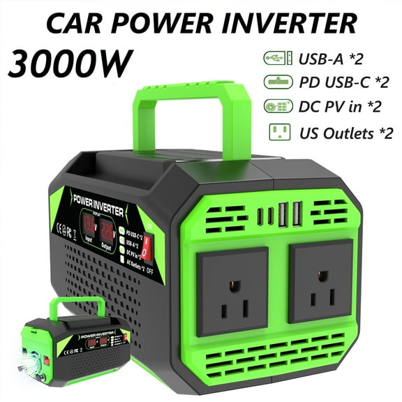 Pure Sine Wave Power Inverter 3000W 12V to 110V for Solar System/Home/Outdoor/RV/Camping Power Inverter with 2 AC Outlets, 2 USB, 2 Type-C, 2 DC PV Ports