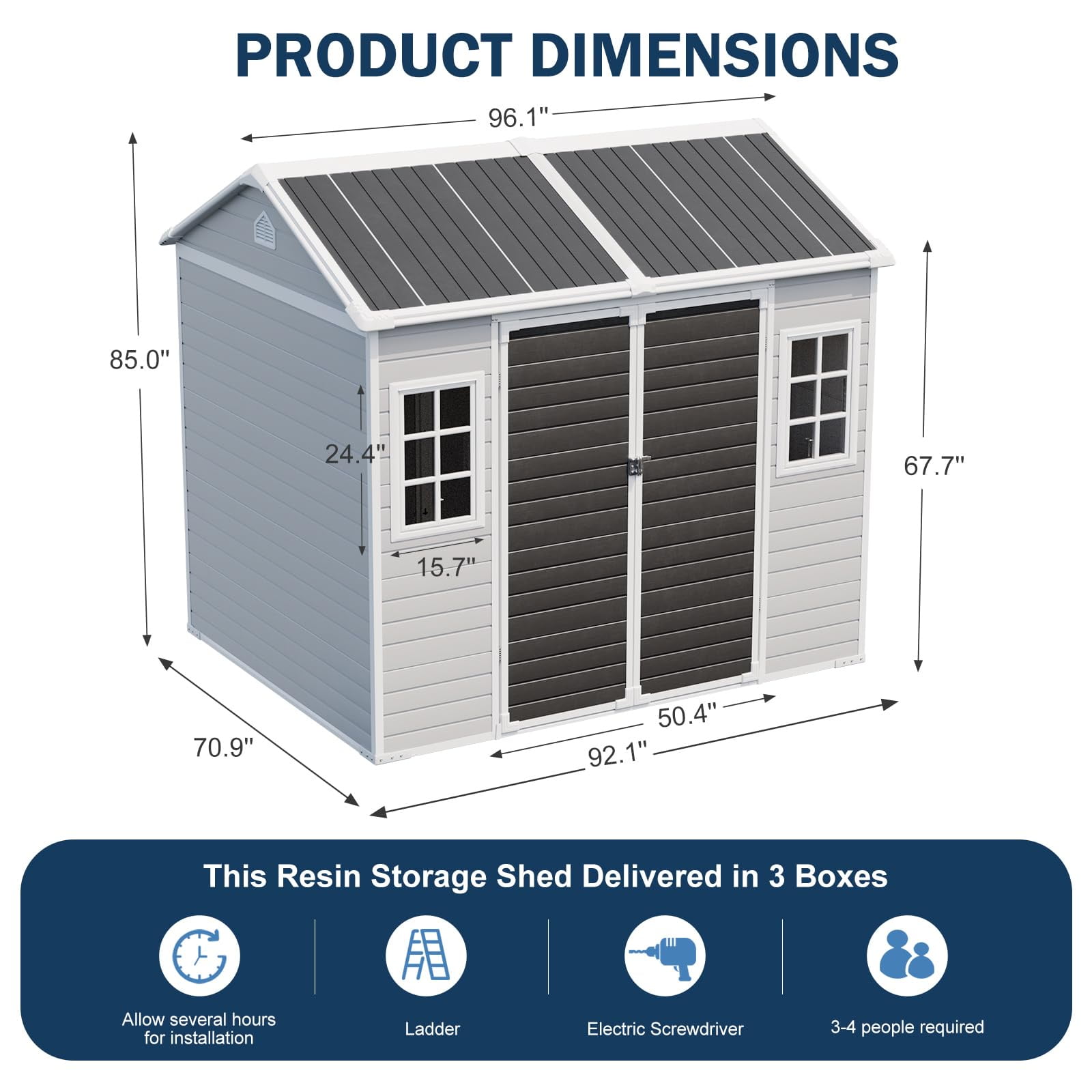 JULY'S SONG 8x6 Outdoor Storage Shed with Openable Windows, Heavy Duty Resin Sheds with Floor & Lockable Doors, Plastic Storage Cabinets for Outside, Grey