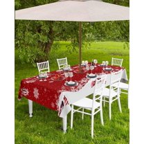 Christmas Tablecloth with Umbrella Hole and Zipper Christmas Balls Rectangle Outdoor Tablecloths 60x84 Table Cloths Snowflakes Snow Red Patio Table Cloth Cover for Holiday Party Yard Garden Cafe