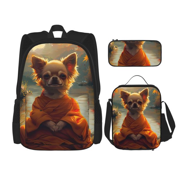 Easygdp Maple Leaf Meditating Chihuahua Mochila para Niños y Niñas con Set de Caja de Almuerzo y Estuche para Lápices 3 en 1, Mochila Escolar Estampada para Adolescentes