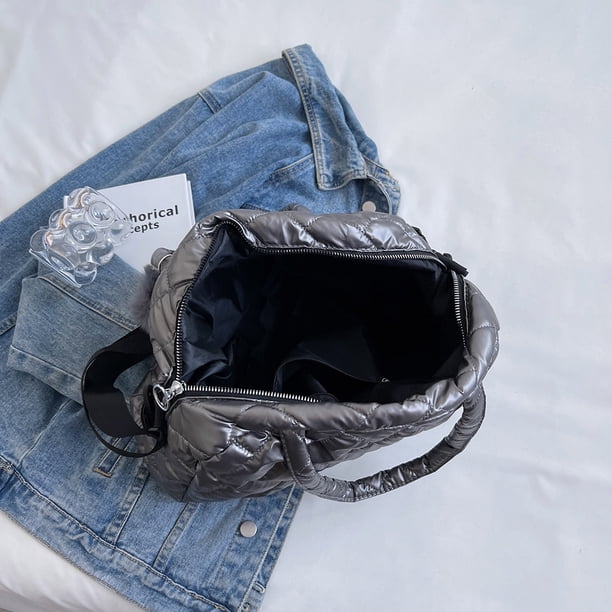 Bolsa Bolsos de mensajero de algodón acolchado de otoño Bolso de mano con pompón para mujer (gris) Tmvgtek Para estrenar