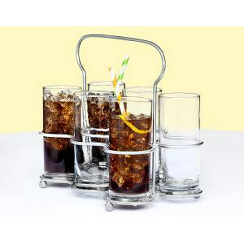 Highball 9 oz. Beverage Drinkware Glasses in Silver Deco Metal Rack