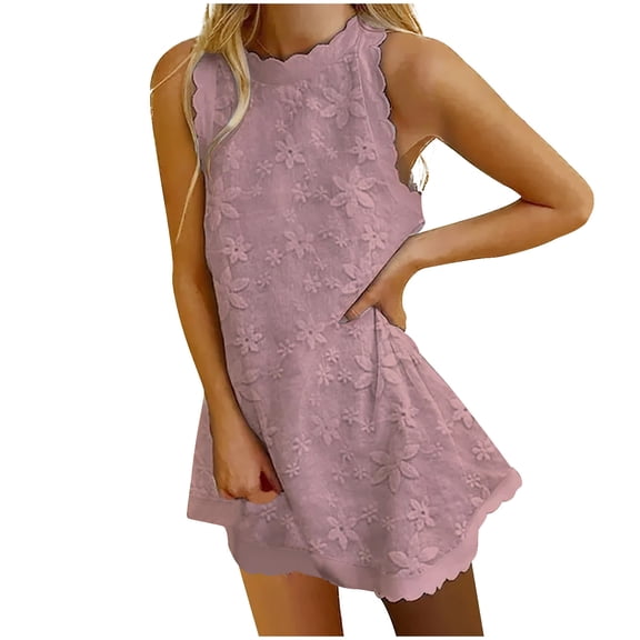 Efsteb Sundresses for Women Beach Elegant Embroidered Lace Tank Dress Resort Dress Loose Fit Casual Sleeveless Spring Crew Neck Solid Color ,Size:14