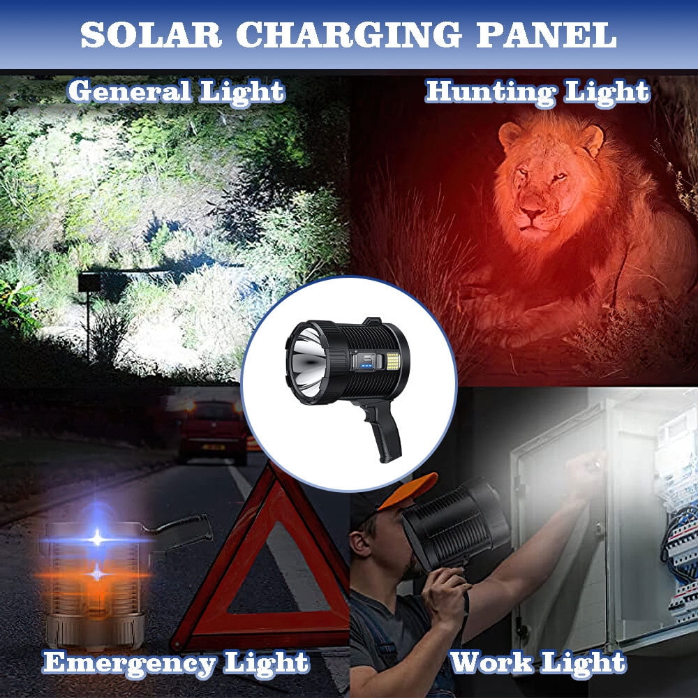 Rechargeable Spotlight, 10000 Lumens Bright LED Flashlight, Outdoor Long Running Handheld Searchlight with Solar Panels for Hunting,Camping,Fishing (6 Modes, IPX5 Waterproof)