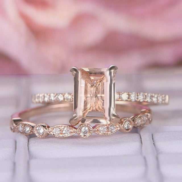 Perfect Bridal Set on Sale 1.50 carat emerald Cut Morganite and Diamond Bridal Set in Rose Gold: Bestselling Design