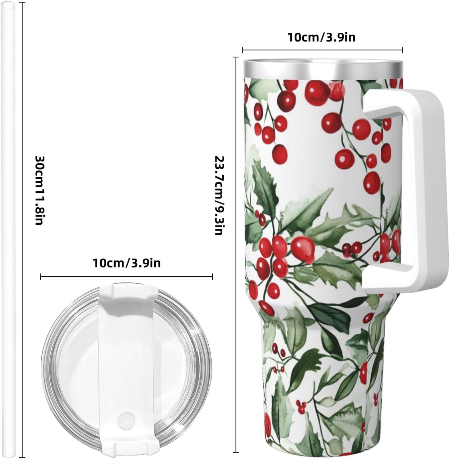 Christmas Holly 40 Oz (1200 ml) Insulated Coffee Tumbler with Handle and Straw Lid, Reusable Stainless Steel Travel Mug Cup for Women Men Party Birthday Gifts
