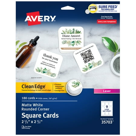 UPC: 0072782357030 | Avery Clean Edge Printable Square Cards with Sure Feed Technology  Rounded Corners  2.5  x 2.5   White  180 Blank Cards for Laser Printers (35703)