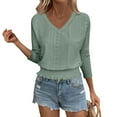 thumbnail image 4 of Women's Eyelet Tops Summer V Neck 3/4 Length Sleeve Shirts Fashion Smocked Waist Crop Plus Size Fall Fashion Trendy Casual Peplum Going Out Plain Tops for Women, 4 of 9