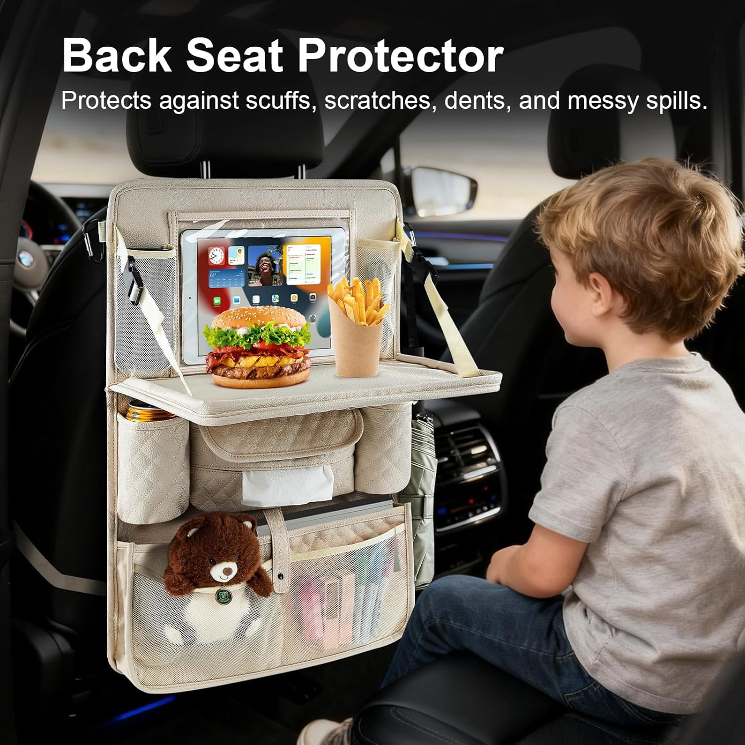 Car Backseat Organizers 2 Pack with Foldable Trays - PU Leather Back Seat Organizers with 11 Storage Pockets, Tablet Holders, Seat Back Protectors for Kids Family Travel Accessories (Beige)