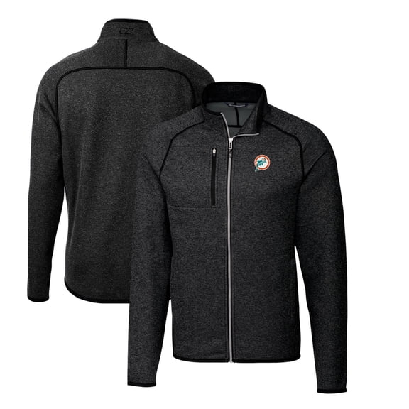 Men's Cutter & Buck Heather Charcoal Miami Dolphins Throwback Logo Mainsail Sweater-Knit Big & Tall Full-Zip Pullover