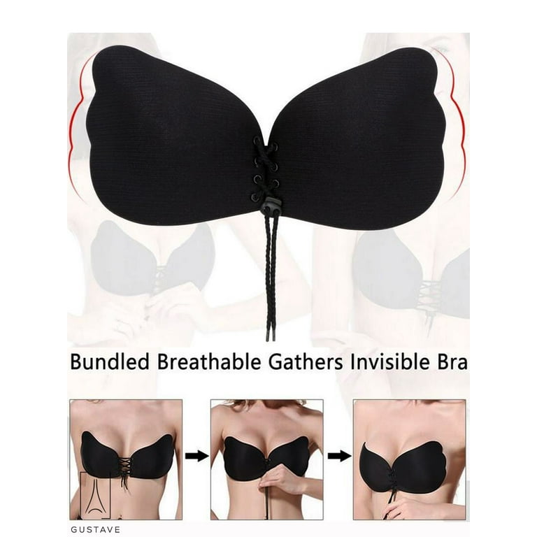 GustaveDesign Women's Strapless Invisible Bra Push Up Self Adhesive Bra  Silicone Bras with Drawstring Sticky for Dess Wedding Party Black,A Cup