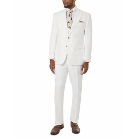 Tayion Mens Classic fit Dress Pants 32 / 30 White Herringbone Stretch