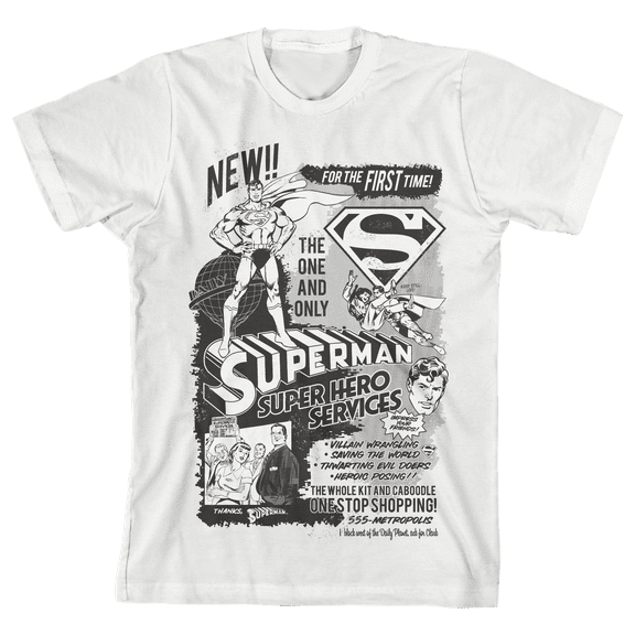 Superman Core Monochromed Vintage Montage Graphic Boy's White T-Shirt-XL