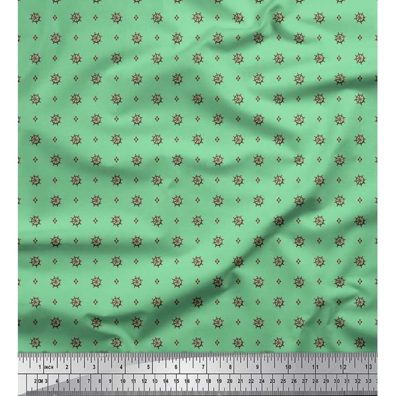 Soimoi Green Cotton Voile Fabric Curve Diamond & Ship Wheel Nautical Decor Fabric Printed Yard 42 Inch Wide