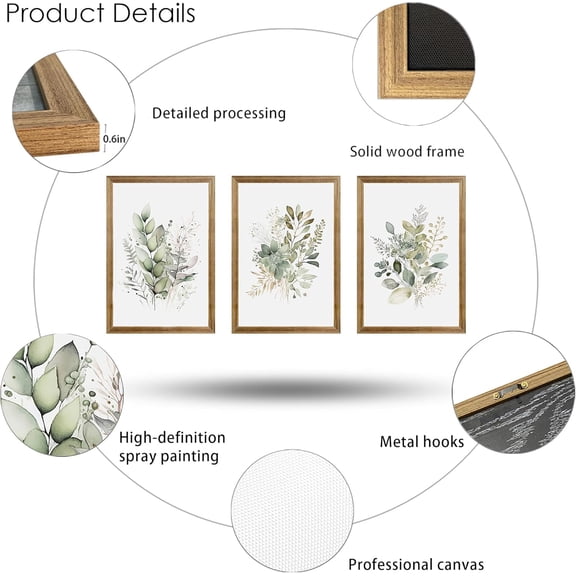 Boho Sage Green Botanical Wall Art Set of 3, 16x24 Inches Wood Framed Canvas Prints for Bedroom Living Room Bathroom Decor