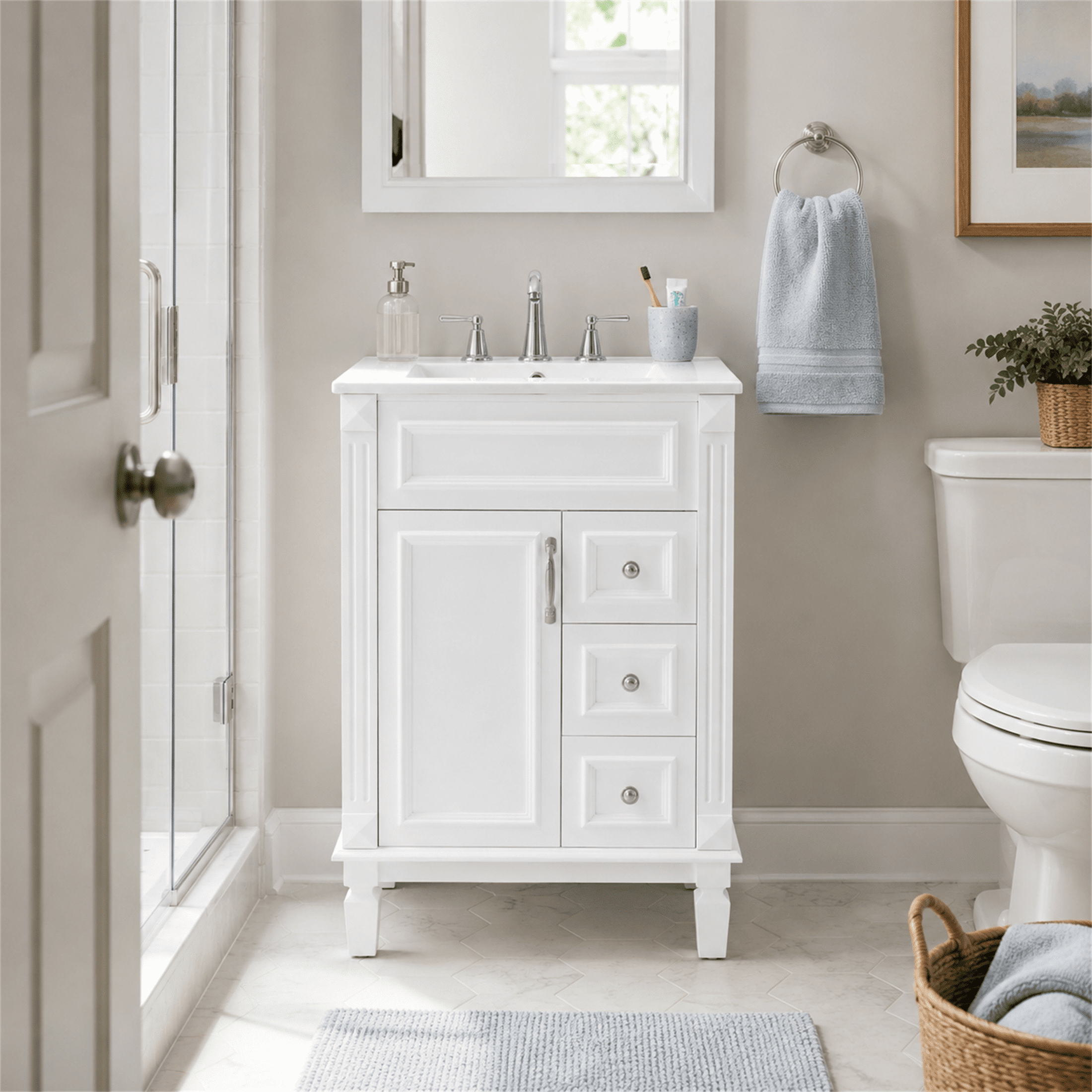 Homy Casa 24" Freestanding Bathroom Vanity with Ceramic Sink and Storage Cabinet White