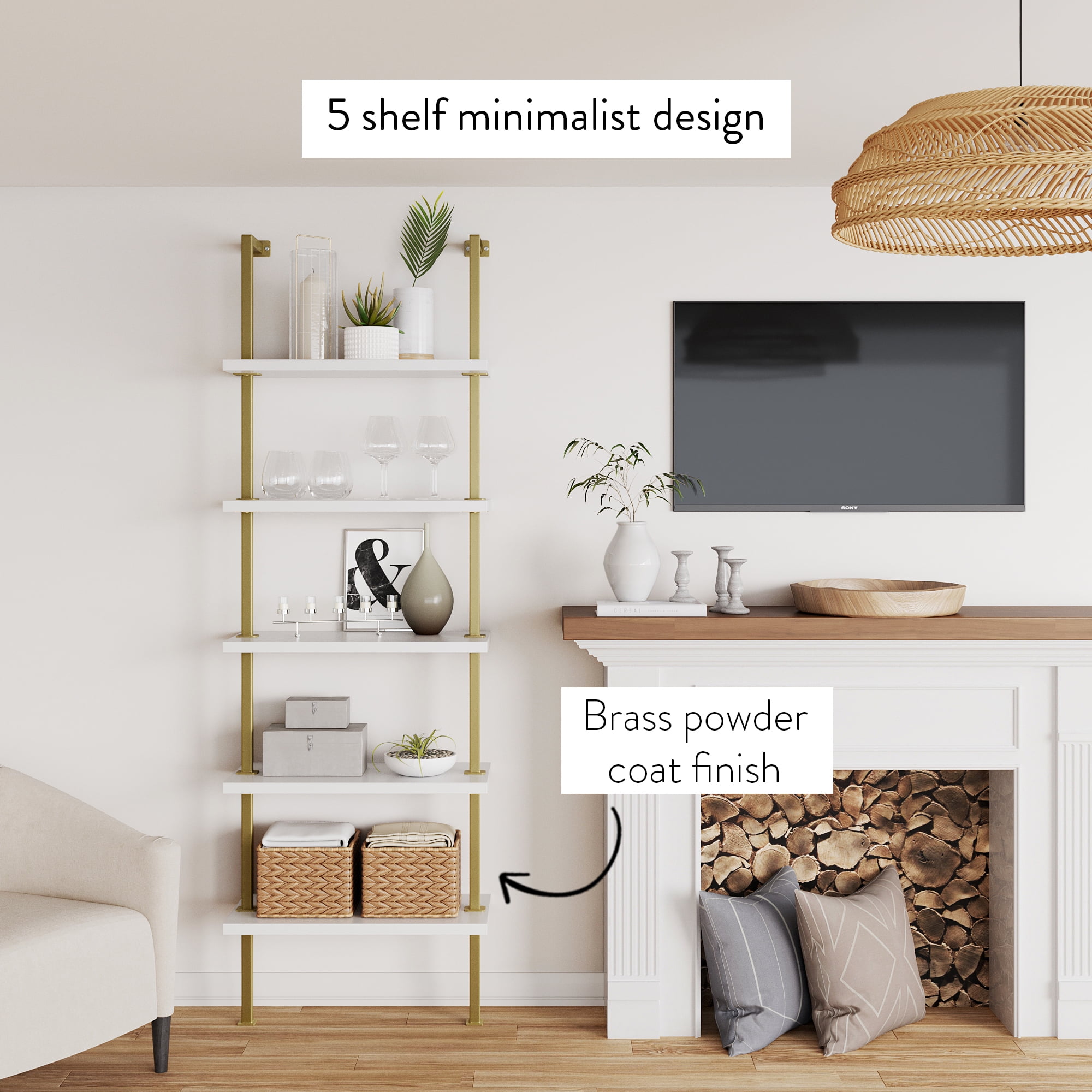 Nathan James Theo Industrial 5-Shelf Gold Ladder Bookcase with White Open Shelves and Brass Metal Frame
