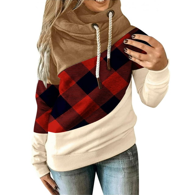 Pompotops Women Lattice Printed Pullover Hoodies Long Sleeve Drawstring Hooded Tops Sweatshirt
