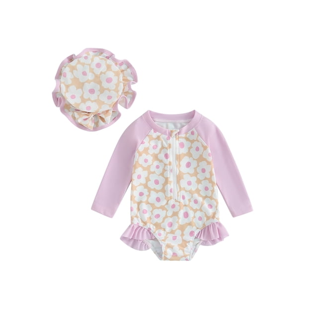 SUNSIOM Toddler Girls Rash Guard Swimsuit Rompers Long Sleeve Floral Print Ruffles Bathing Suit Swimwear with Swim Cap