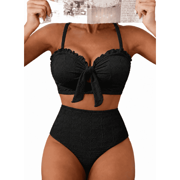 DOKOTOO Bikini Sets for Women High Waisted Seashell Textured 2 Piece Swimsuits Knotted Front Bathing Suits