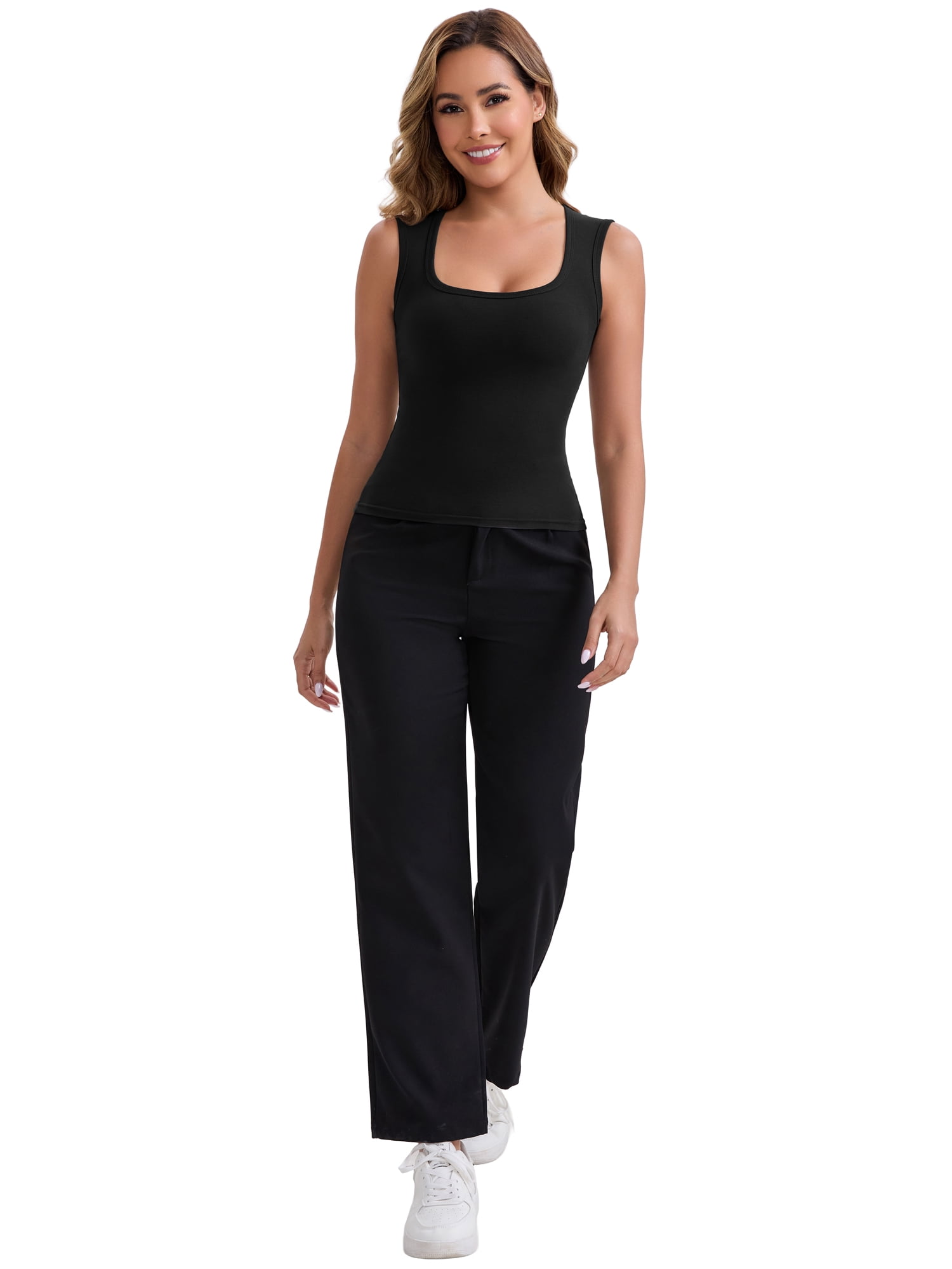 DARING DIVA Women's Wide Straps Square Neck Camisole Slimming Undershirt M Black