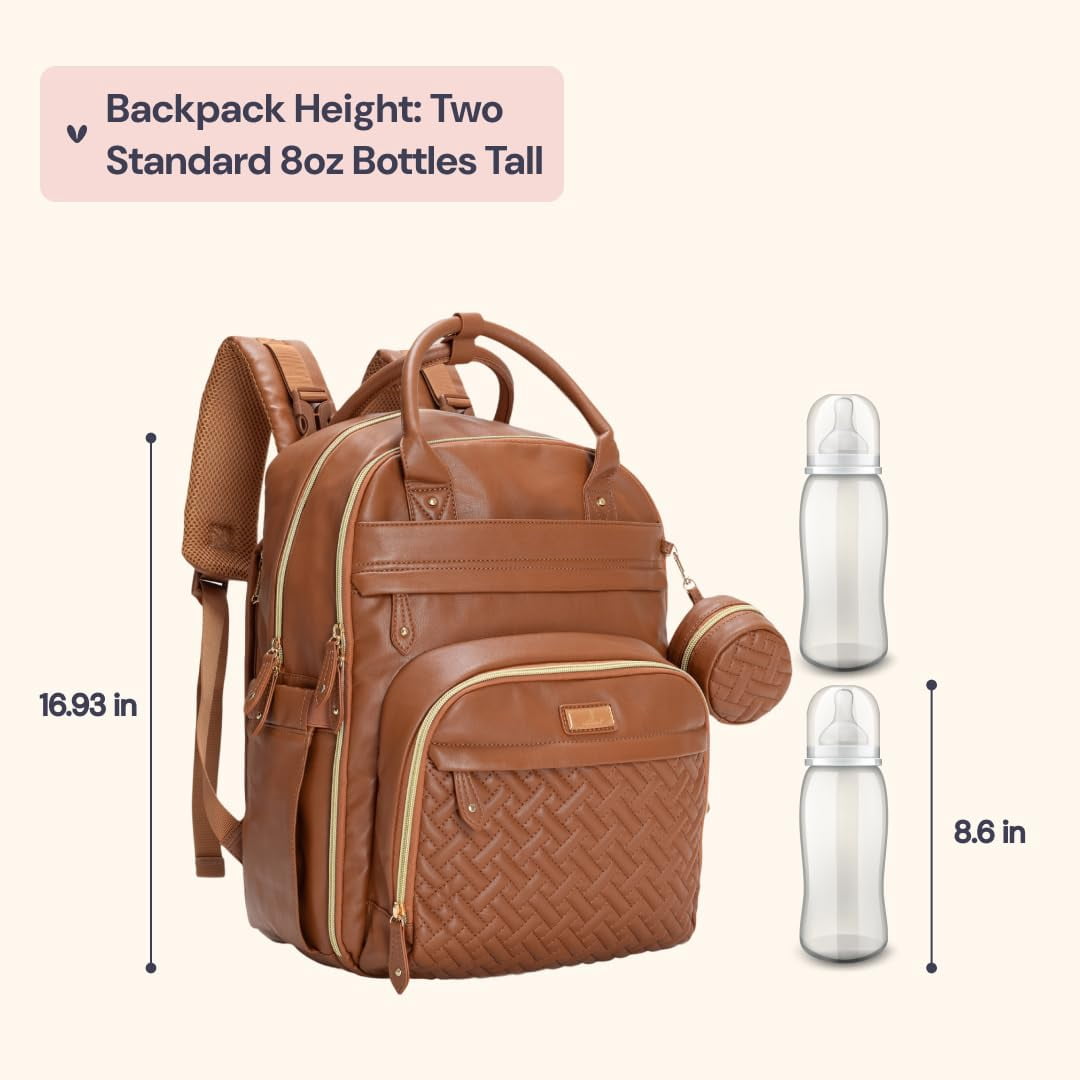 BabbleRoo Diaper Bag Backpack, Multifunction Original Baby Diaper Bag with Insulated Pockets, Vegan leather, Brown