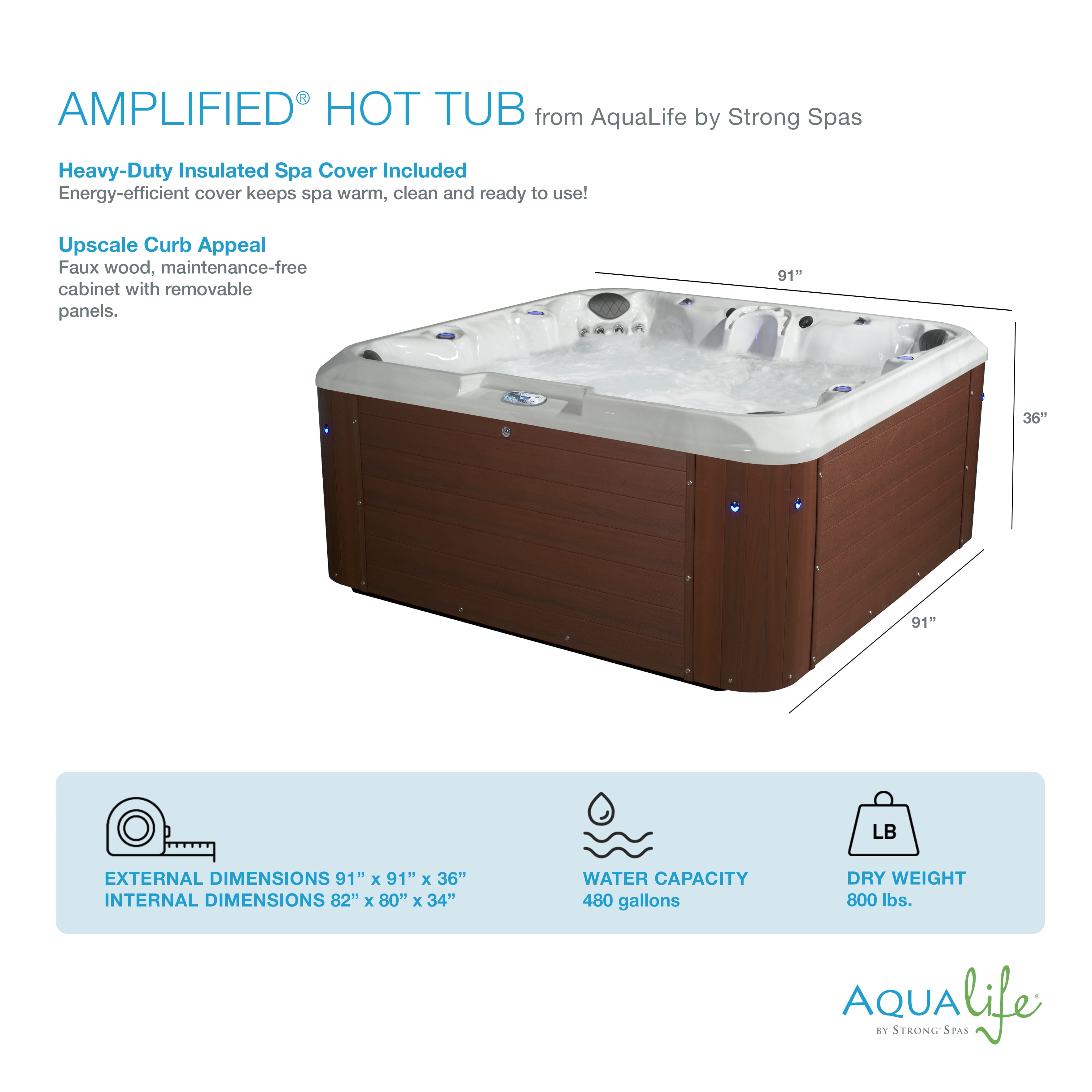 Amplified 100-Jets 7-Person Non-Lounger Spa w/Bluetooth Stereo, 3 Pumps by Aqualife by Strong Spas
