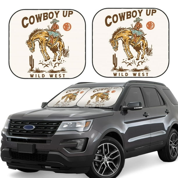 Balery Cowboy Up Vintage Wild West Parasol para parabrisas de coche de 2 piezas | Parasol plegable para parabrisas delantero de coche para la mayoría de sedanes-Small