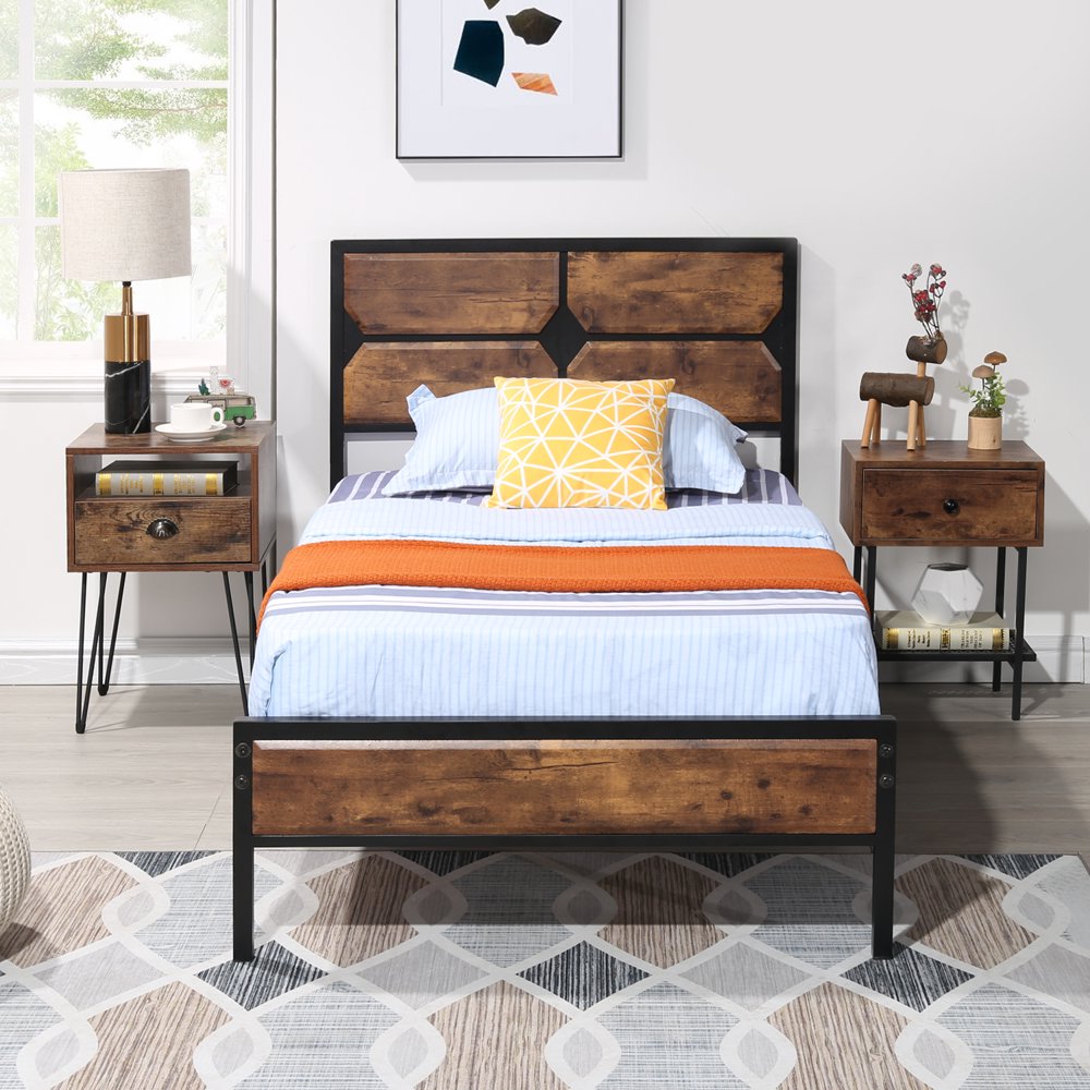 VECELO Twin Size Metal Bed Frame with Wooden Headboard and Footboard