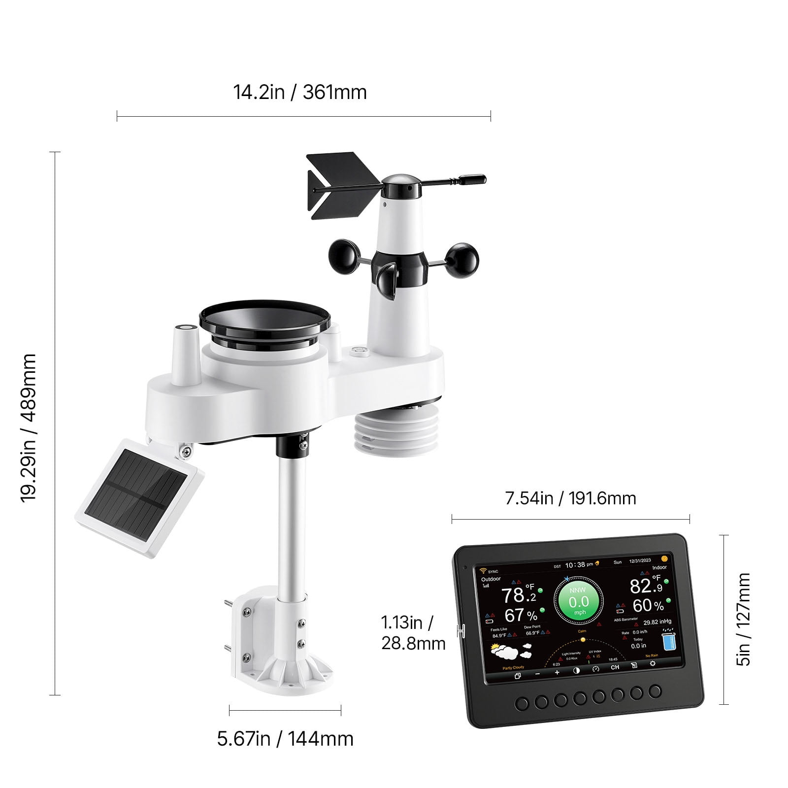 KFFKFF 7-in-1 Wi-Fi Weather Station with 7-Inch TFT Screen, Solar-Powered Wireless Outdoor Sensor, Rain Gauge, and Indoor-Outdoor Monitoring for Weather Updates, Wind, Temperature, Humidity