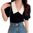 thumbnail image 1 of Top de punto de manga corta con cuello en V,Camiseta de manga corta abombada con cuello vuelto para mujer Blusa de manga corta con bloques de color Acabado de lujo, 1 of 8