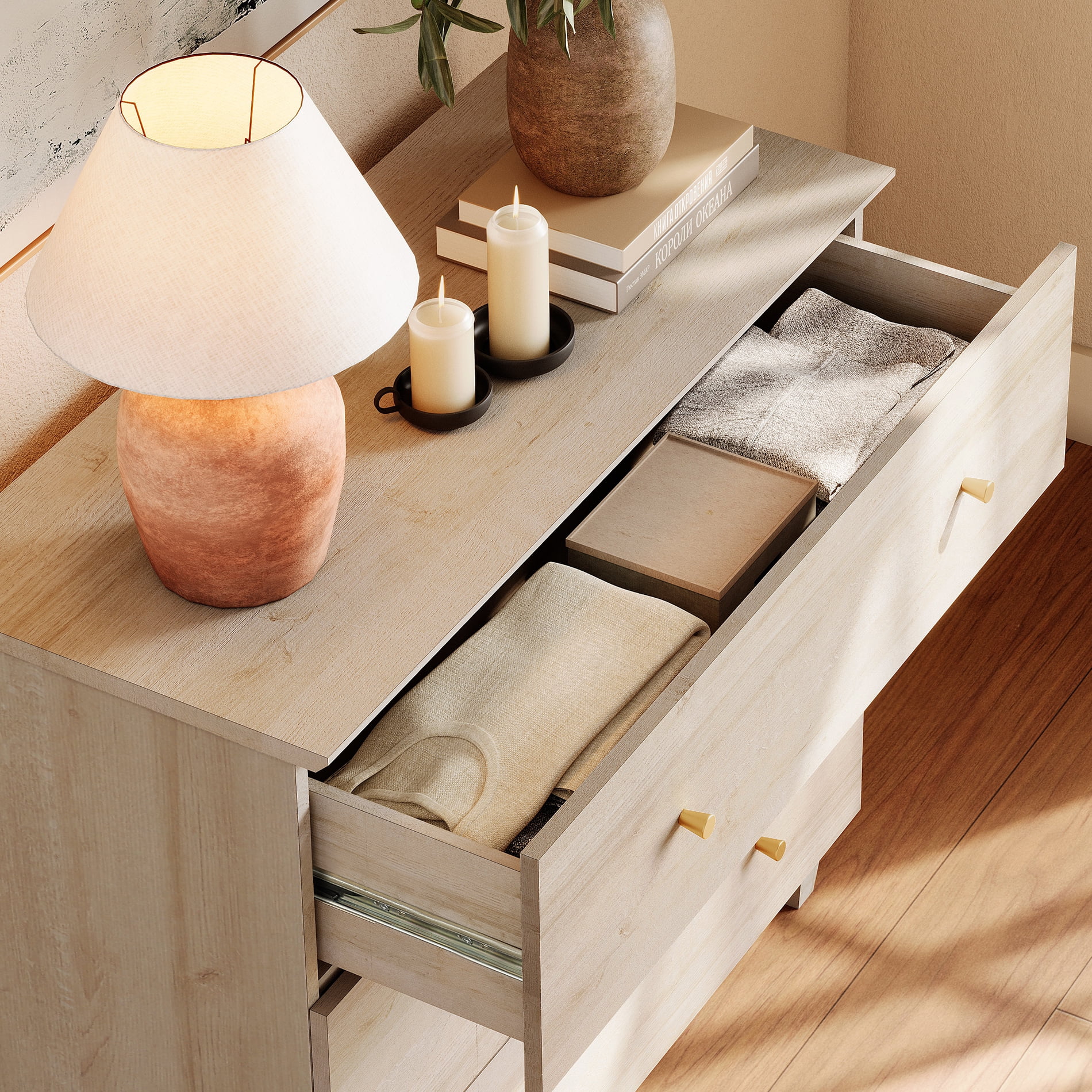 WAMPAT Dresser and Nightstand Set of 4, Wood Dressers with 9 Drawers, Nightstand with Charging Stations for Living Room, Natural Oak